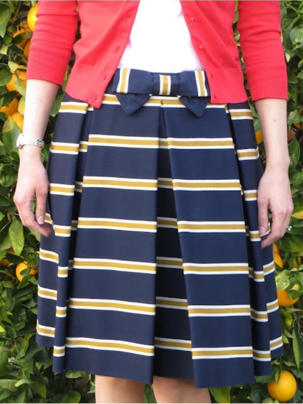 kate spade Navy, Mustard‎ & White Striped Pleated Skirt with Bow Waist